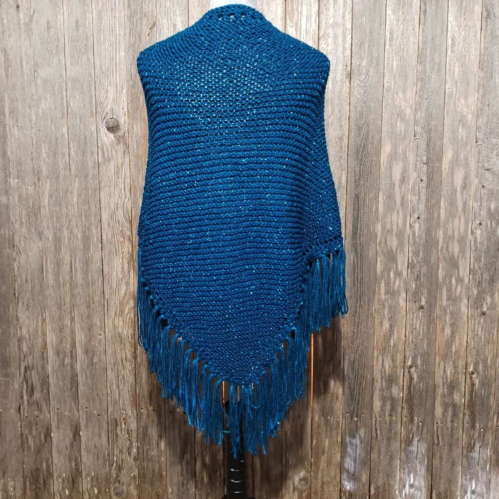 NEW Metallic Hand Knit Shawl‎ Wrap Scarf Boho Hippie Glam Artsy Indie Teal Blue